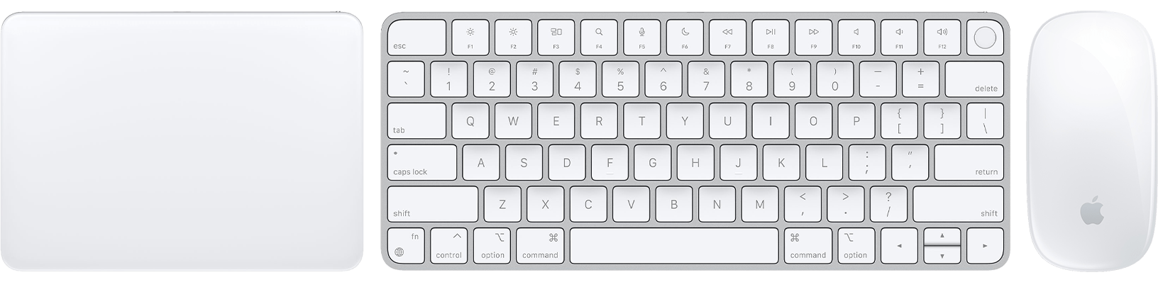 Ansichten von oben auf das Magic Trackpad, das Magic Keyboard mit Touch ID und die Magic Mouse