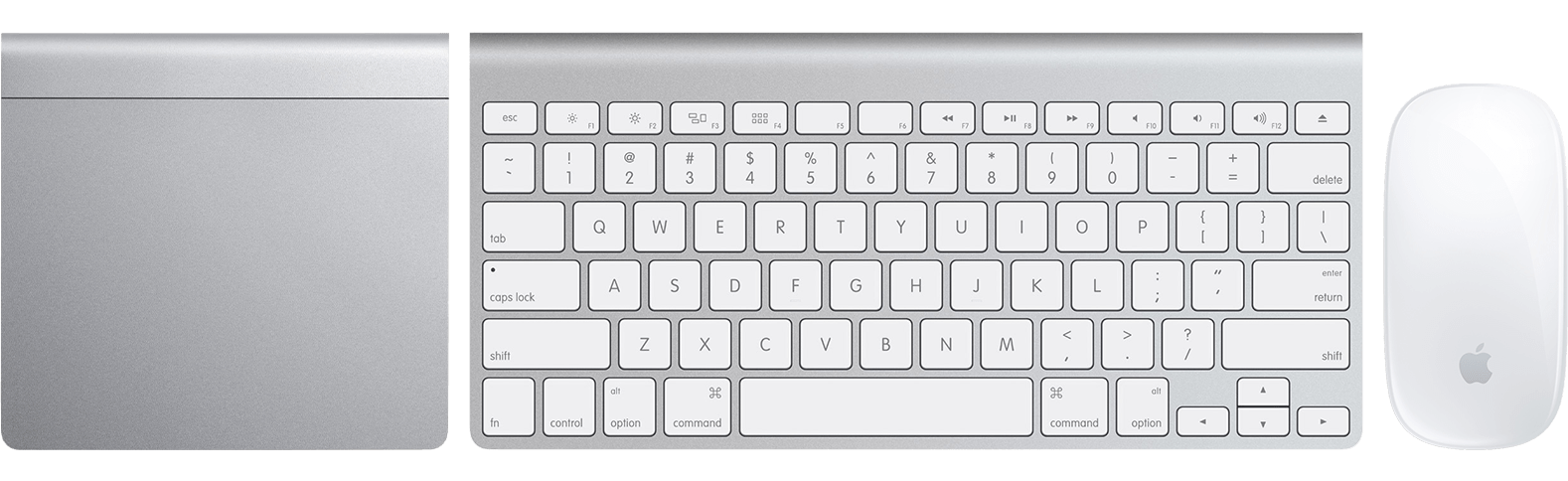 巧控板、Apple 無線鍵盤和巧控滑鼠的頂部視圖