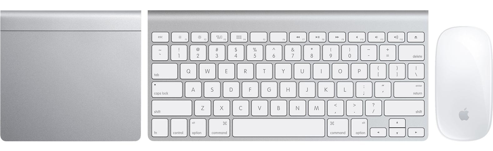 Vue de dessus du Magic Trackpad, du clavier sans fil Apple et de la Magic Mouse