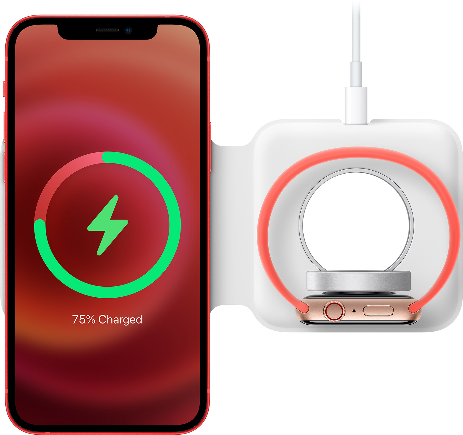 Chargeur double MagSafe posé à plat face vers le haut avec l’iPhone et l’Apple Watch en charge