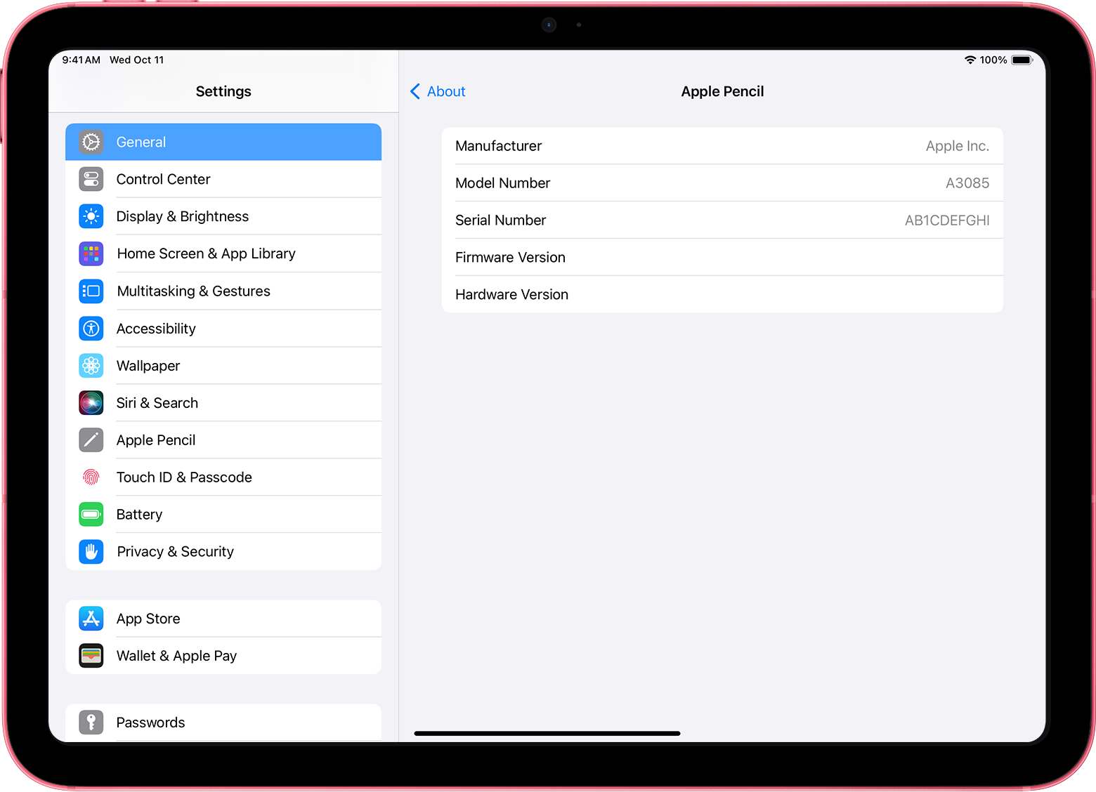iPad Settings with the Apple Pencil Serial Number displayed