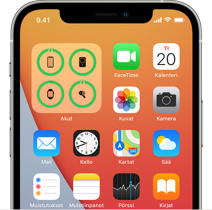 iOS-näyttökuva Akut-widgetistä Koti-valikossa. 