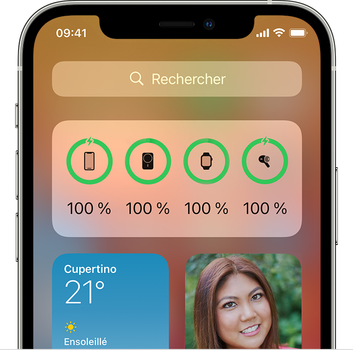 Capture d’écran illustrant le widget Batteries dans la vue Aujourd’hui sous iOS 