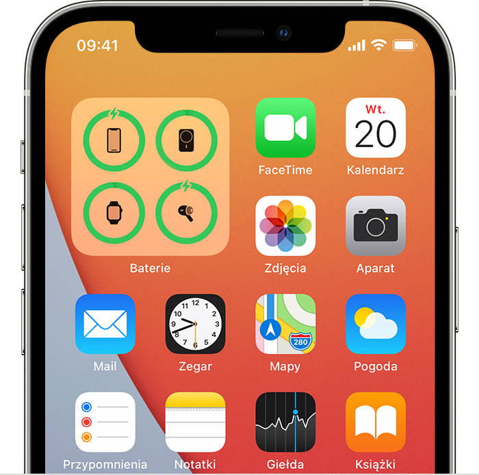 Zrzut ekranu z systemu iOS przedstawiający widżet Baterie na ekranie początkowym.