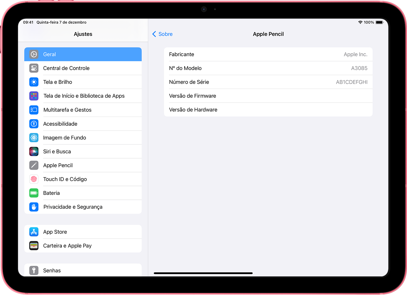 Ajustes do iPad com o número de série do Apple Pencil exibido