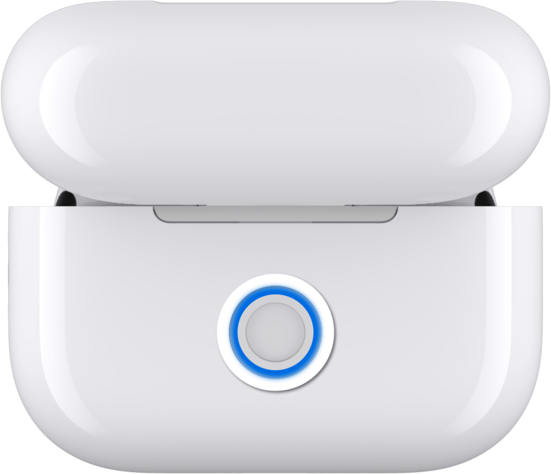 AirPods Pro dans leur étui avec le couvercle ouvert et le bouton à l’arrière maintenu enfoncé.