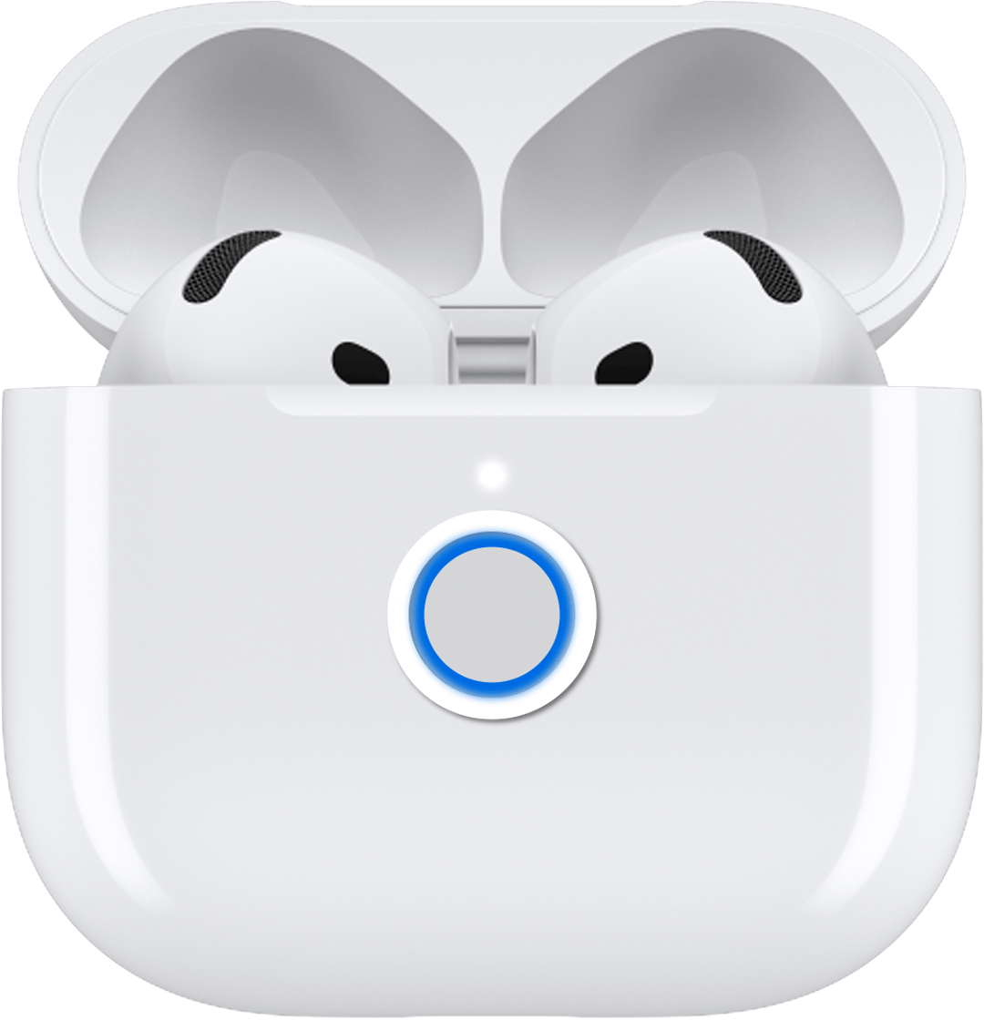 AirPods 4 i etuiet med locket öppet.