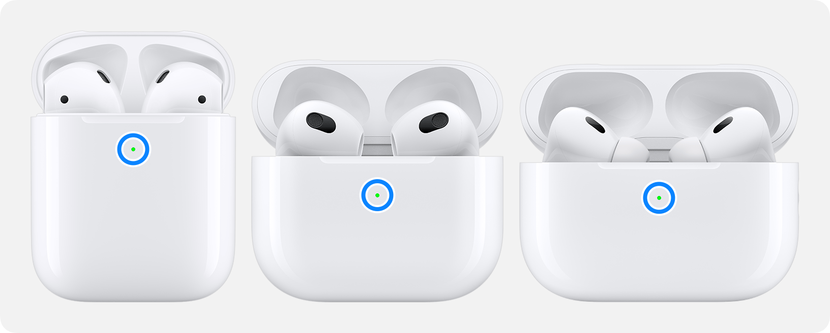 Luzes de status acesas na frente dos estojos de recarga dos AirPods.