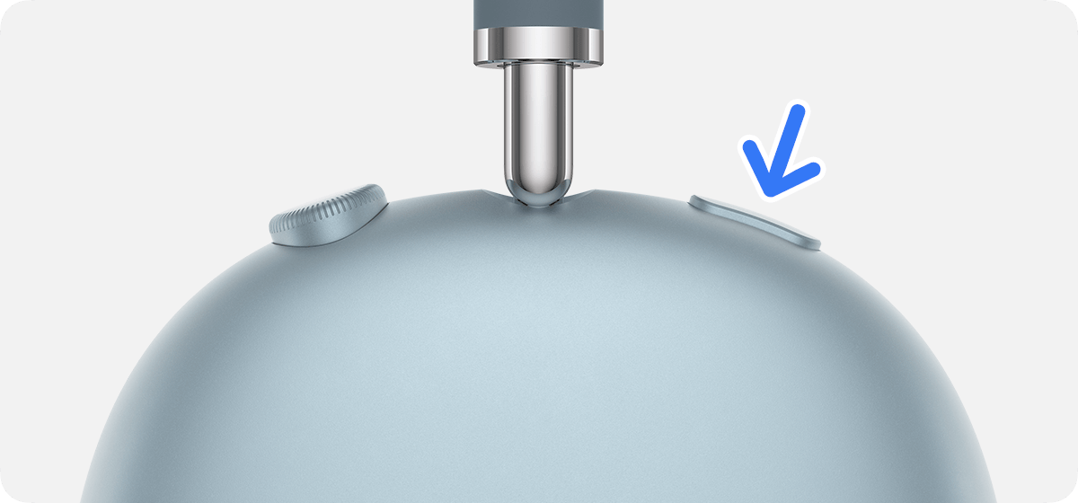 Noise control button on AirPods Max. The button is on the top of the right ear cup, opposite of the Digital Crown.