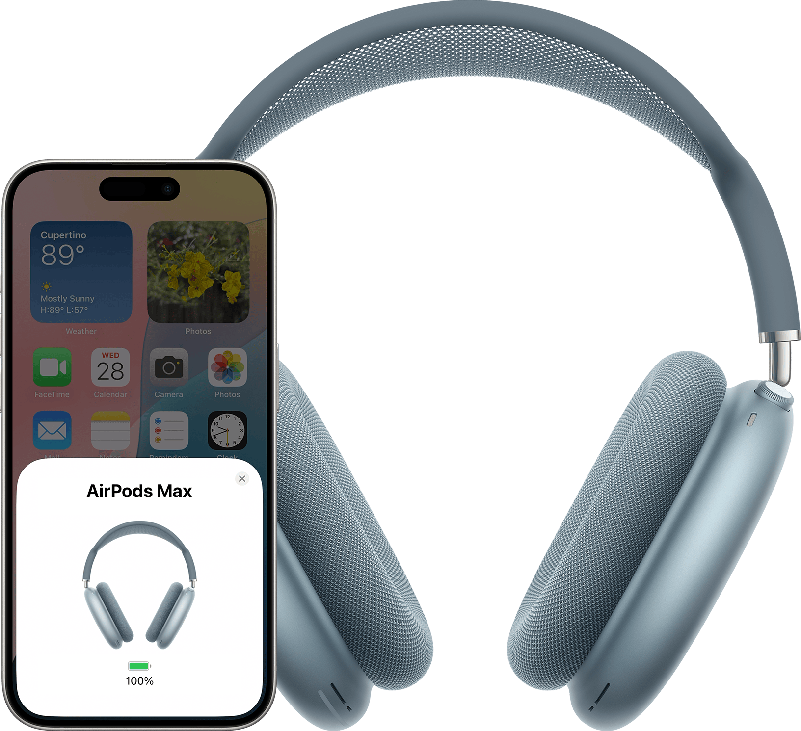 AirPods Max متصلة بجهاز iPhone 15 Pro.