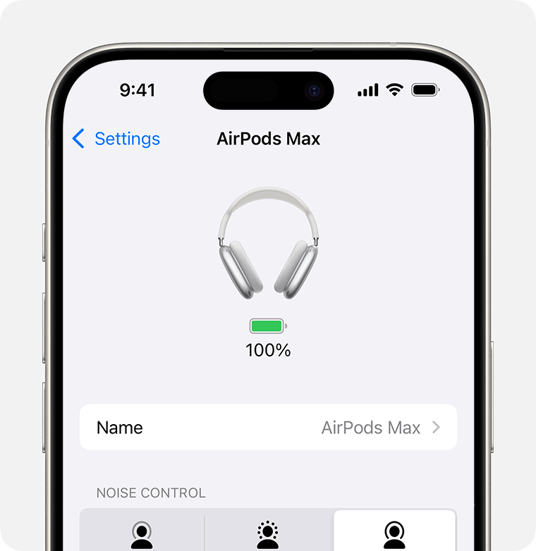 Der Batterieladestatus der AirPods Max in der Einstellungen-App auf dem iPhone.