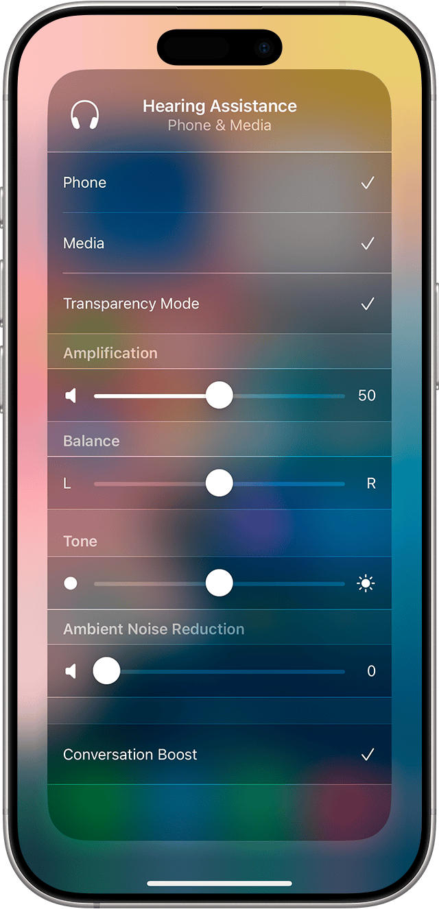 Hearing Assistance controls in Control Centre