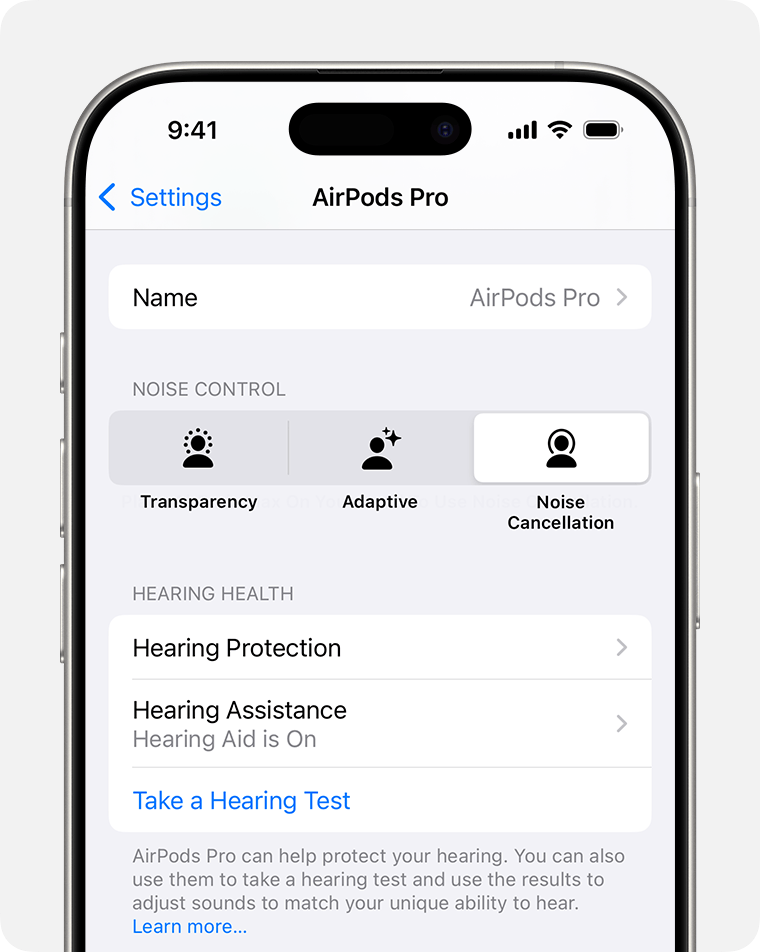 Hearing Assistance under Hearing Health in AirPods settings on iPhone.