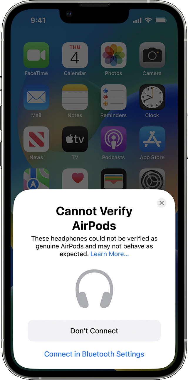 „iPhone“ rodomas įspėjimas „Cannot Verify AirPods“ (nepavyksta patvirtinti „AirPods“)