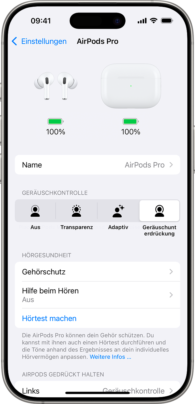 AirPods Pro 2-Einstellungen auf iPhone. Optionen für die Hörgesundheit, einschließlich einer Taste zum Starten eines Hörtests, werden nach den Optionen für die Geräuschkontrolle angezeigt.