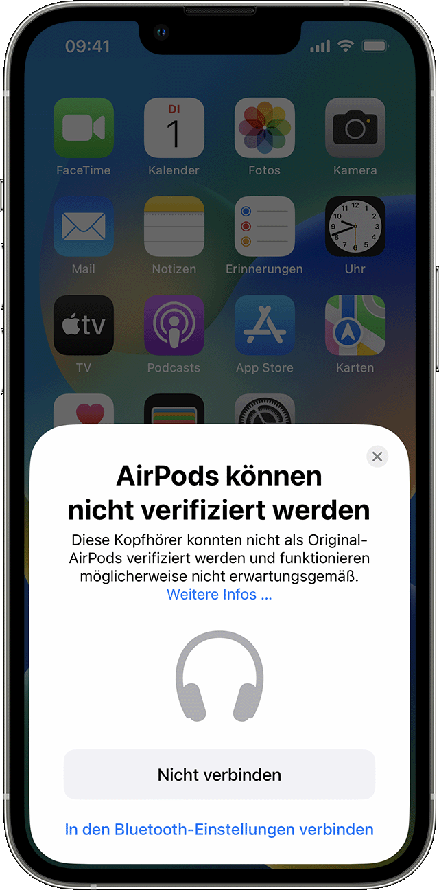 Hinweis "AirPods können nicht verifiziert werden" auf einem iPhone
