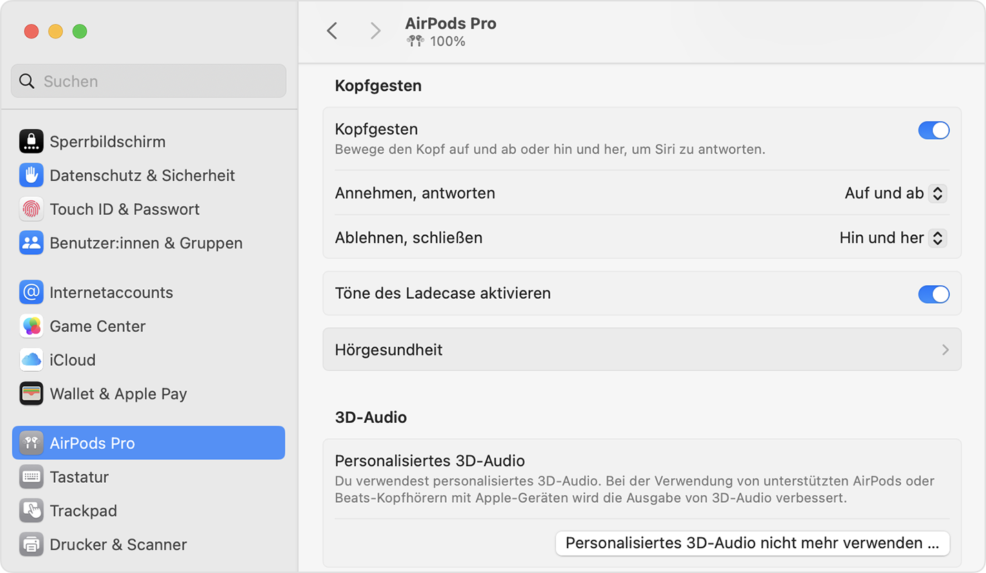 „Hörgesundheit“ in den AirPods Pro-Einstellungen unter macOS.