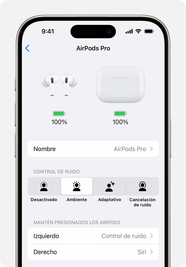 Configuración de AirPods Pro en iPhone. La sección Mantén presionados los AirPods se encuentra debajo de la lista de modos de control de ruido.