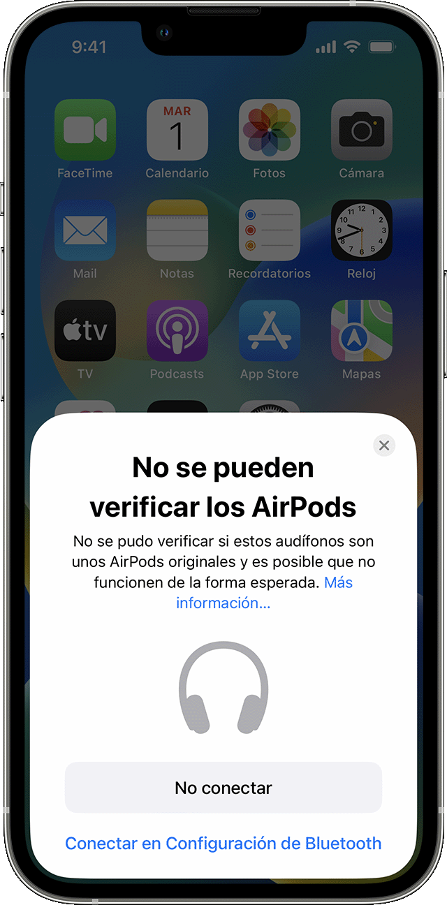 Alerta que indica que no se pueden verificar los AirPods en el iPhone