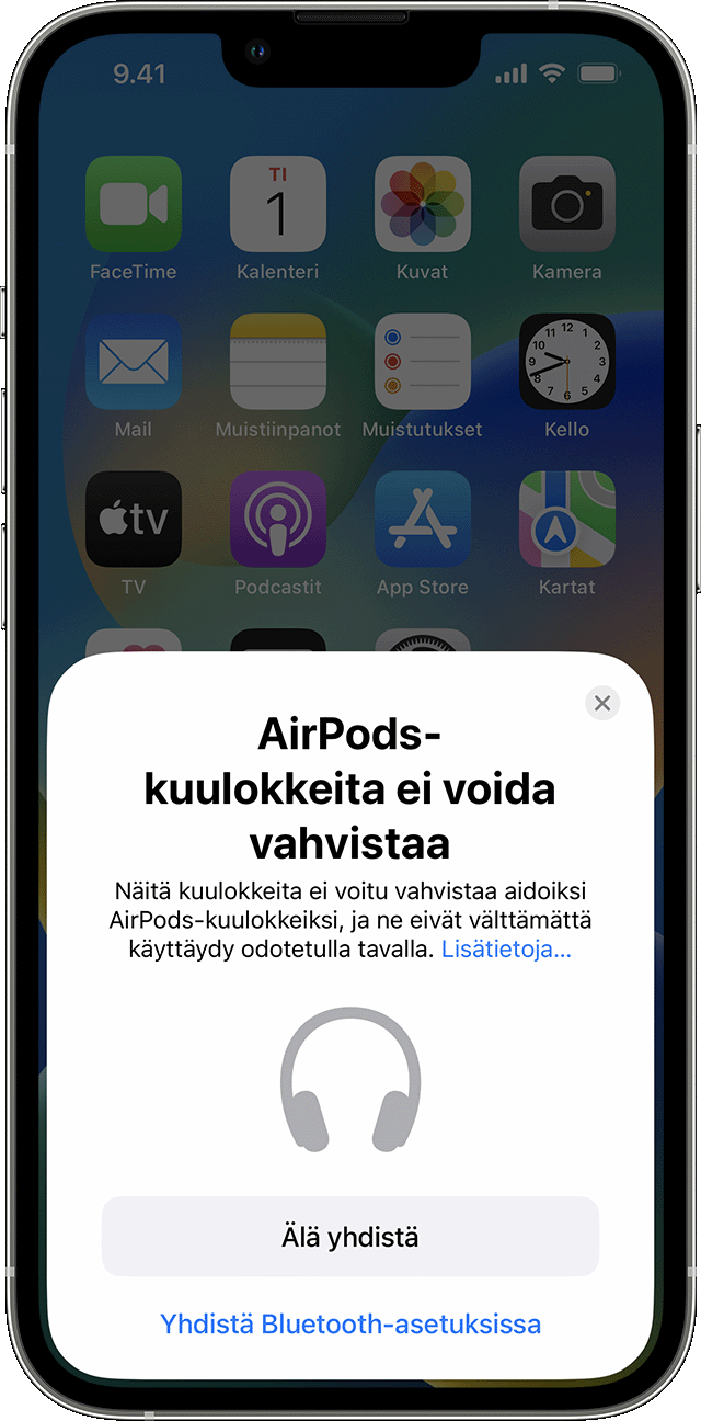 AirPods-kuulokkeita ei voida vahvistaa ‑hälytys iPhonessa