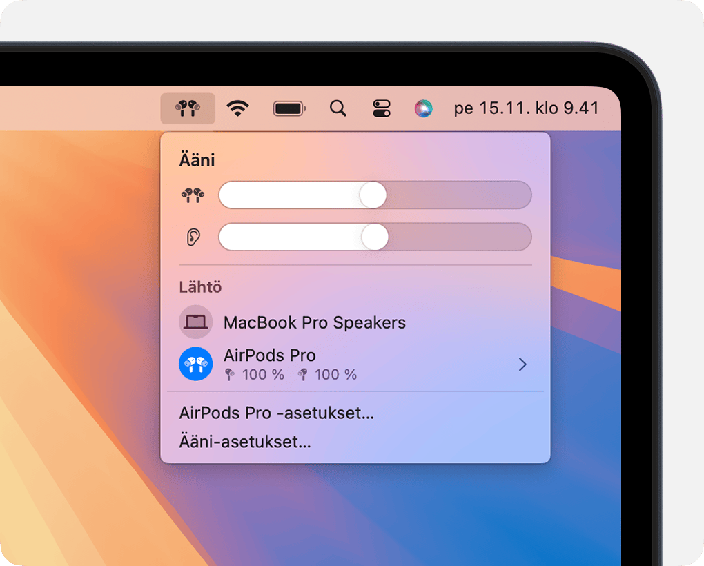 Äänenvoimakkuuden ja vahvistuksen säätimet macOS:n valikkorivin äänisäätimissä