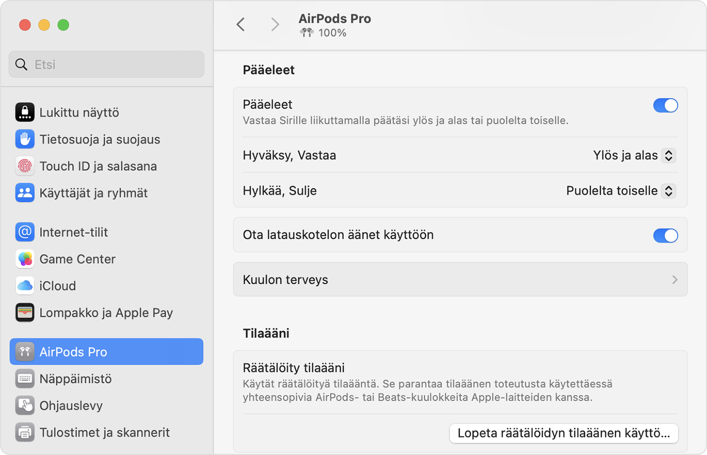 Kuulon terveys macOS:n AirPods Pro -asetuksissa.