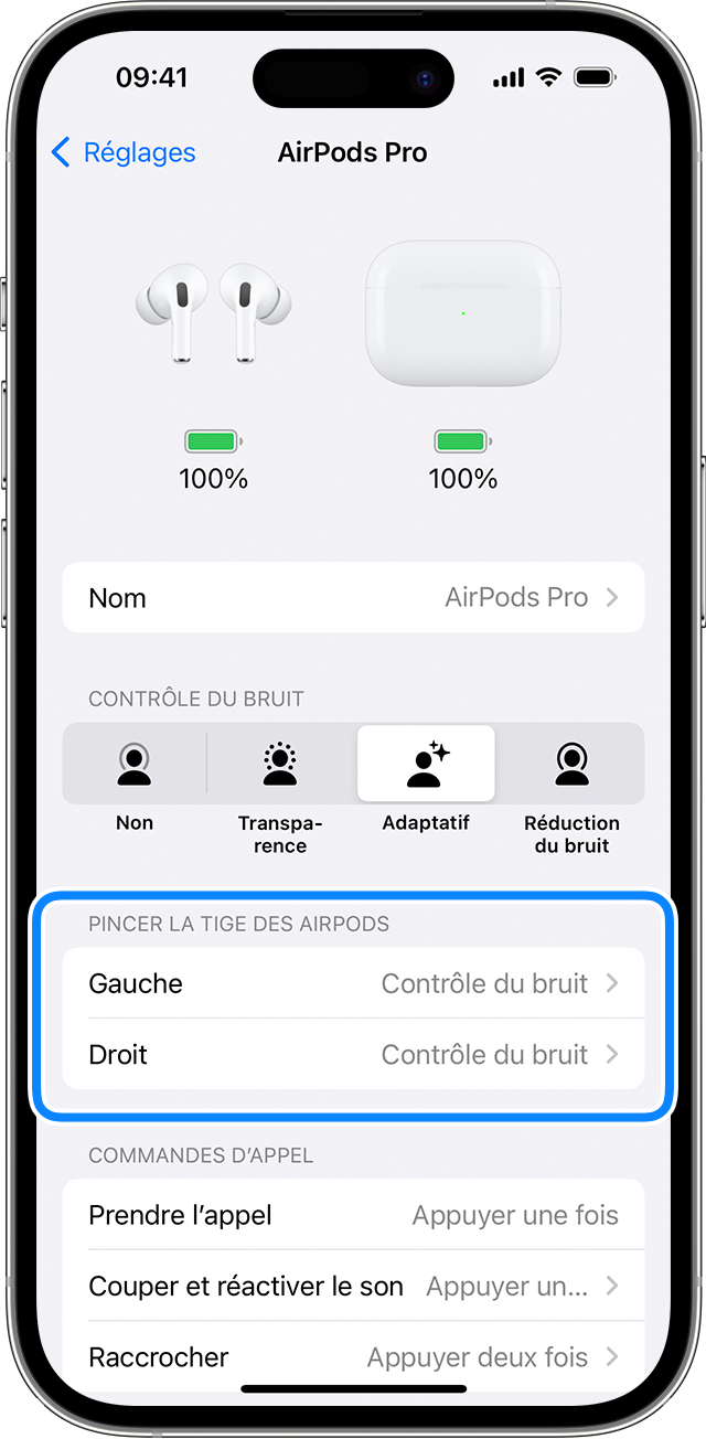 Réglages d’AirPods sur un iPhone