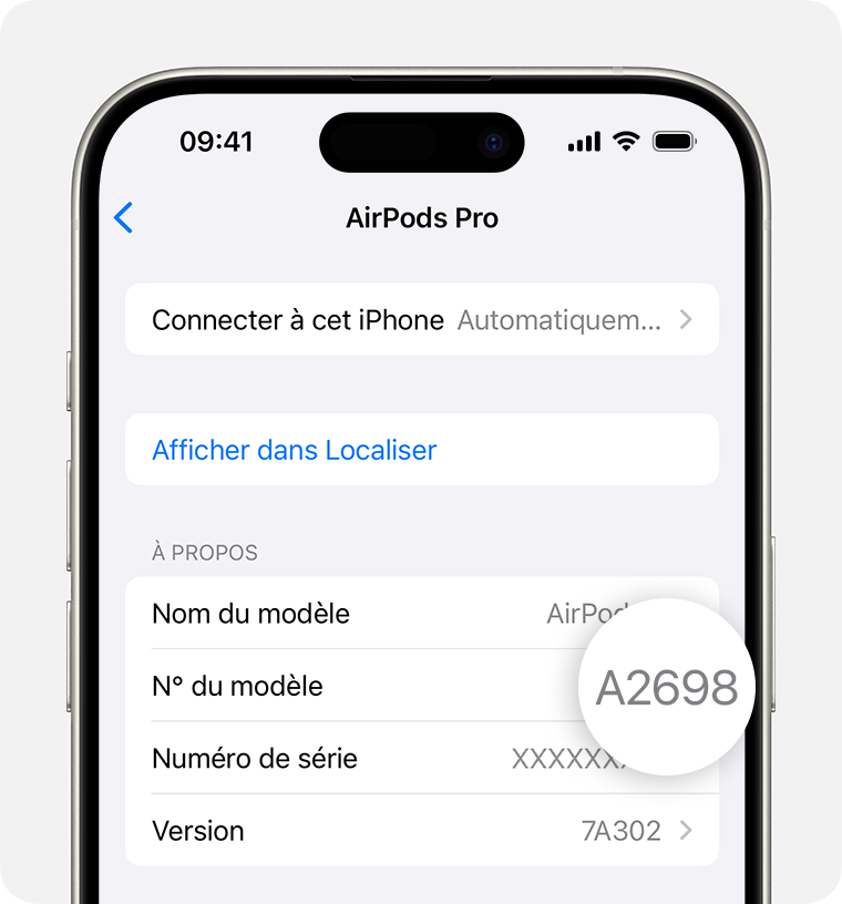 Numéro de modèle d’AirPods Pro, A2698, indiqué dans Réglages sur un iPhone.