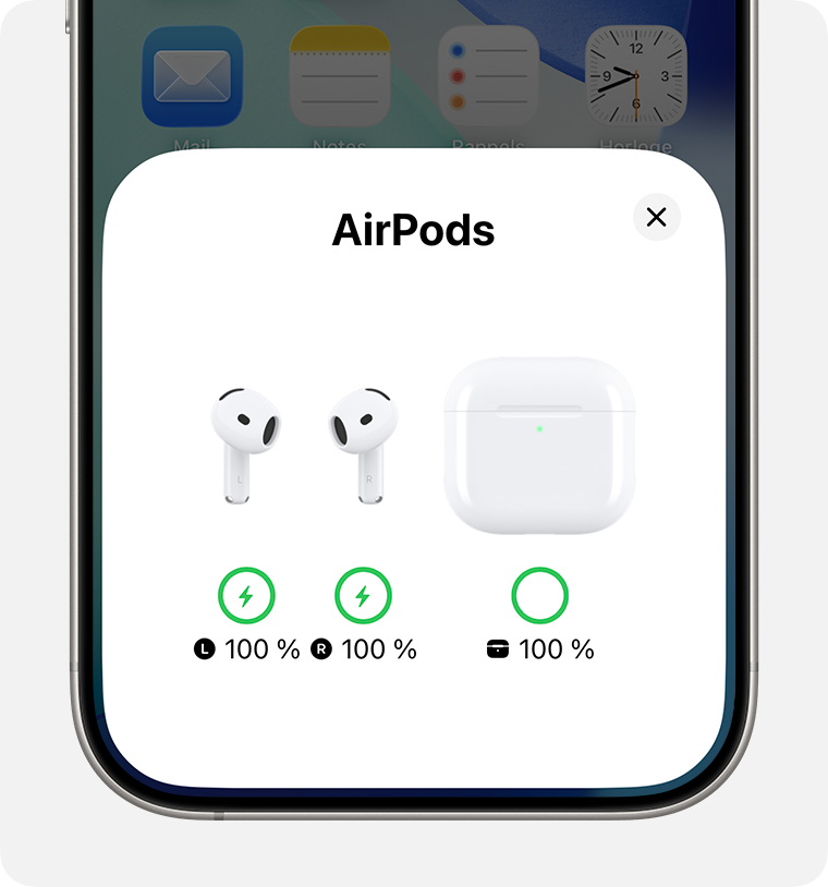 Carte de niveau de batterie des AirPods sur l'écran d'accueil de l'iPhone.