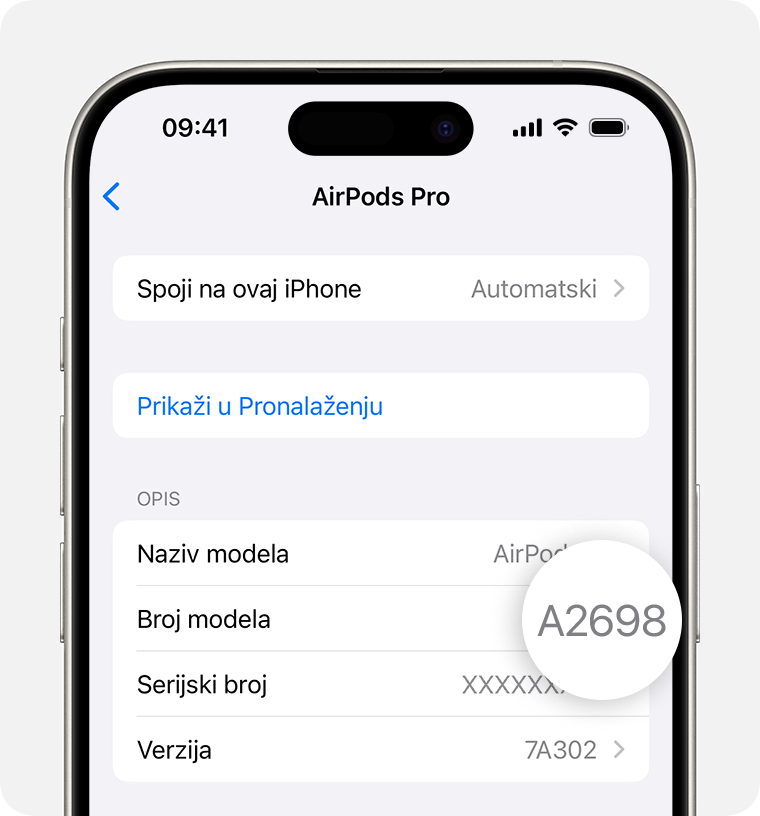 Broj modela AirPods Pro slušalica, A2698, naveden u Postavkama na iPhone uređaju.