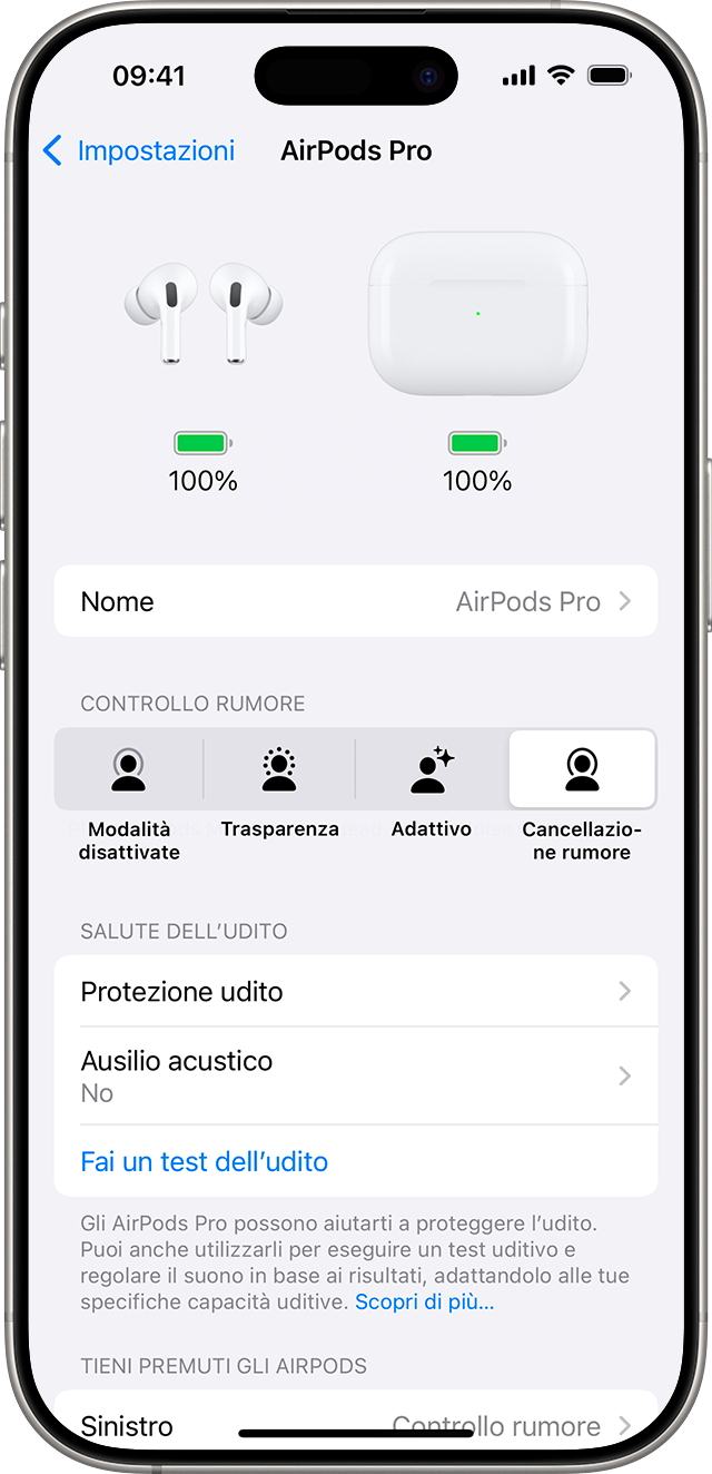 Impostazioni degli AirPods Pro 2 su iPhone. Le opzioni per la Salute dell'udito, incluso un pulsante per iniziare un test dell'udito, sono elencate dopo le opzioni di Controllo del rumore.