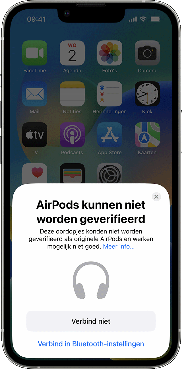 Melding 'AirPods kunnen niet worden geverifieerd' op een iPhone