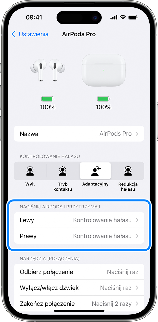 Ustawienia słuchawek AirPods na telefonie iPhone