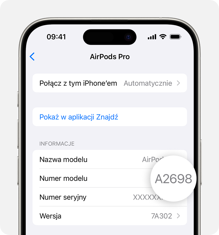 Numer modelu słuchawek AirPods Pro, A2698, wyświetlany w Ustawieniach na iPhonie.