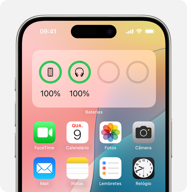 Widget Baterias na tela de Início de um iPhone.