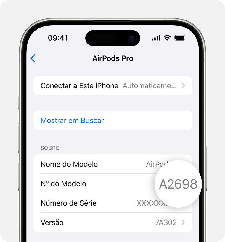 Número do modelo dos AirPods Pro, A2698, relacionado em Ajustes no iPhone.