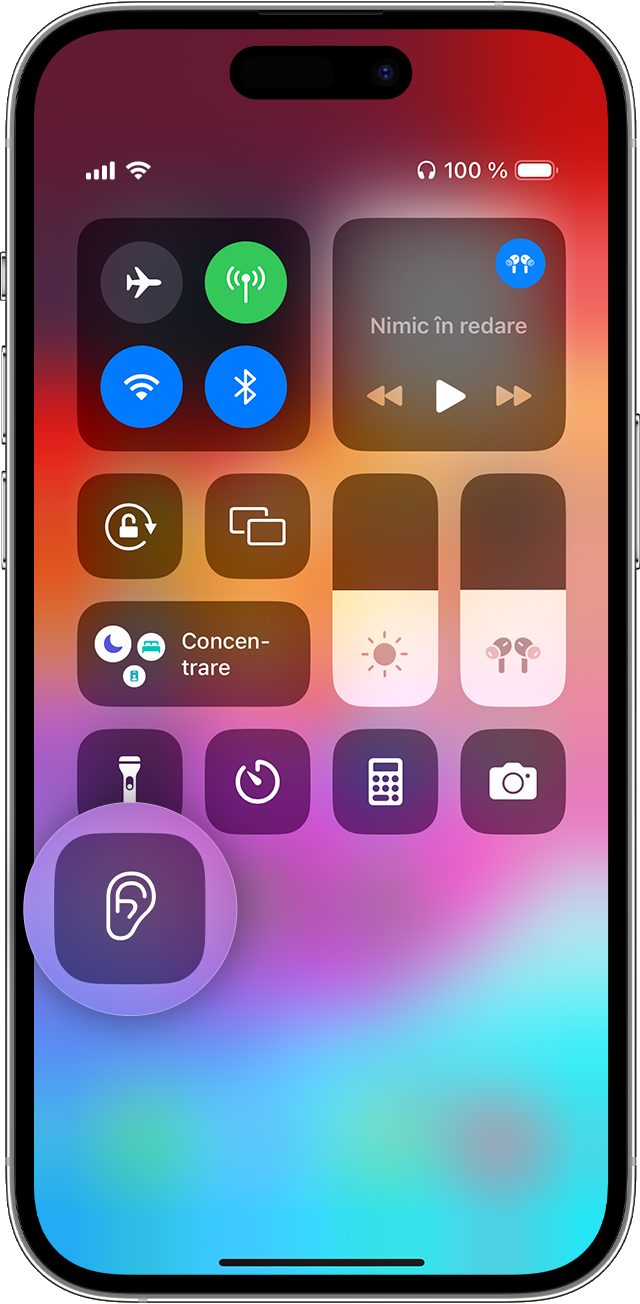 iOS: centrul de control cu butonul Auz afișat