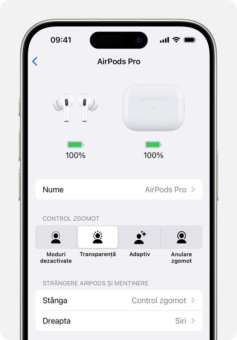 Configurări ale căștilor AirPods Pro pe iPhone. Secțiunea Strângere AirPods și menținere se află sub lista modurilor de control al zgomotului.