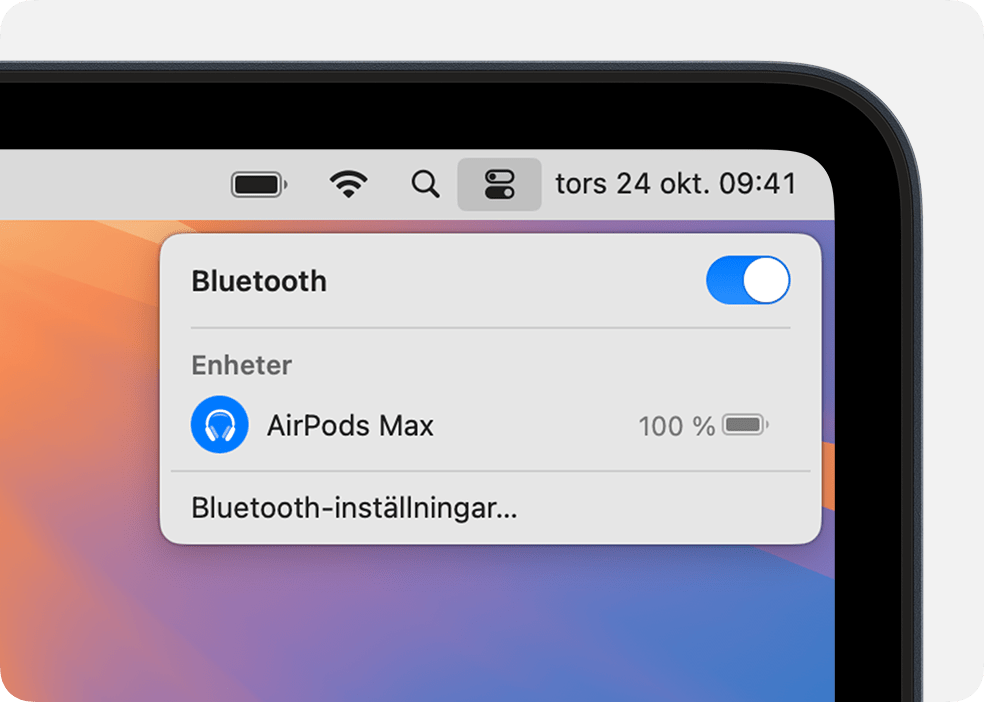 Kontrollcenter i macOS som visar anslutna AirPods Max