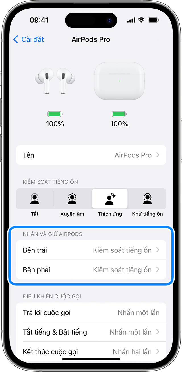 Phần cài đặt AirPods trên iPhone