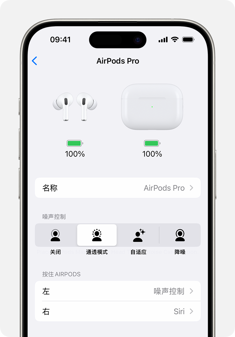 iPhone 上的 AirPods Pro 设置。“按住 AIRPODS”部分在“噪声控制”模式列表的下方。