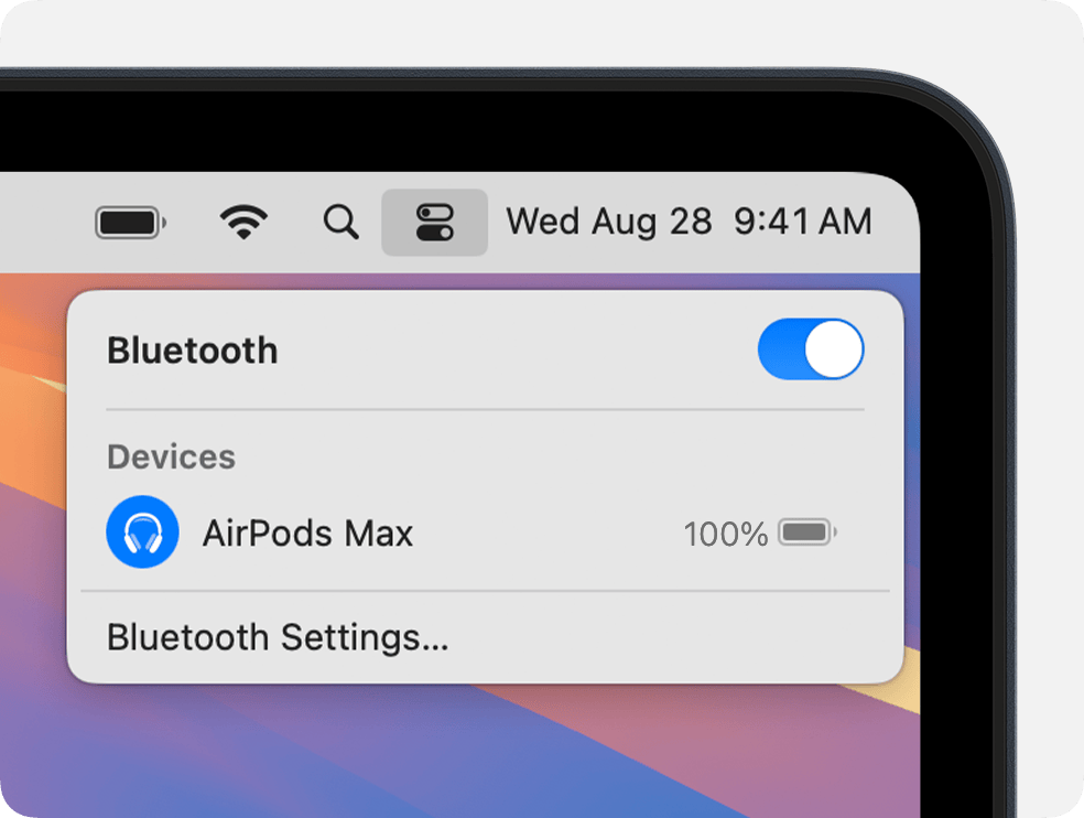 Control Centre in macOS showing AirPods Max connected