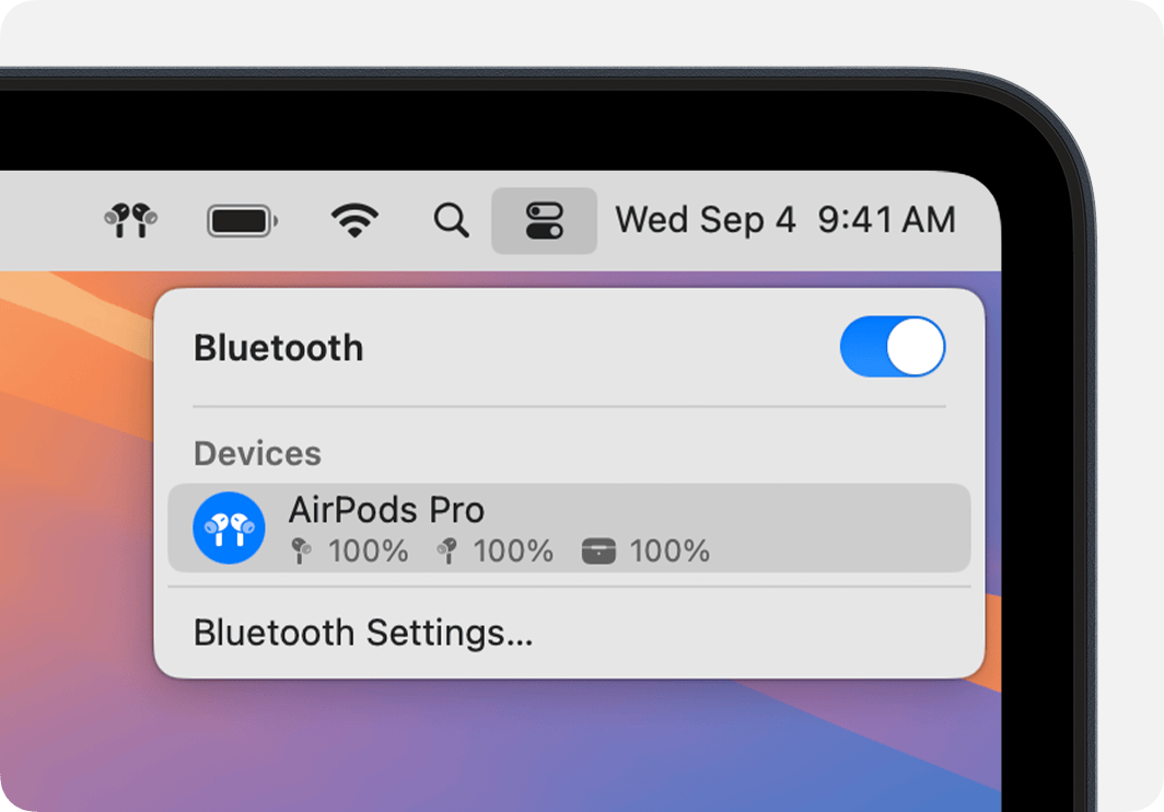 El Centro de control en macOS muestra los AirPods Pro conectados