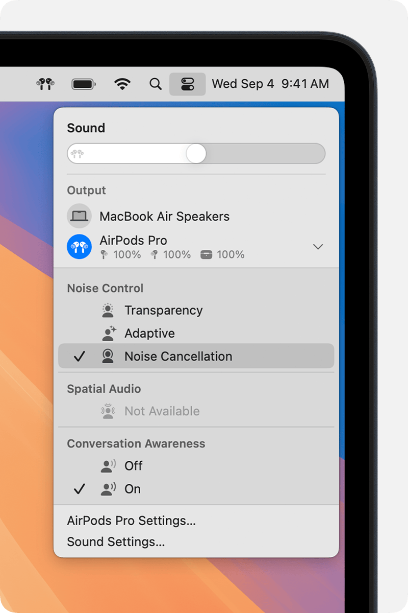 Sound settings in Control Center on Mac. The available Noise Control modes are listed when AirPods Pro or AirPods Max are selected as the output device.