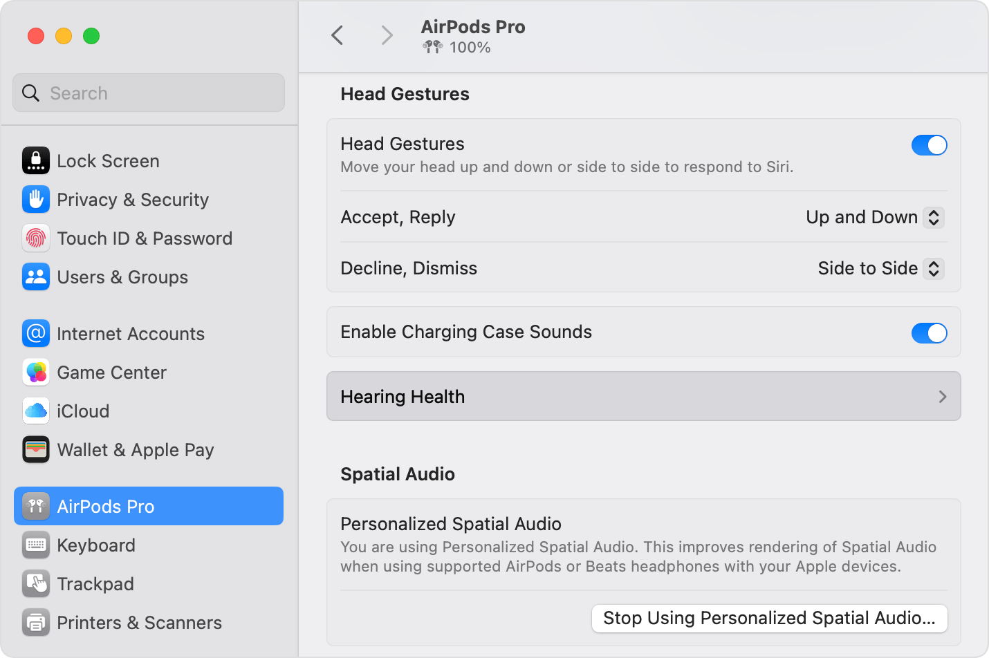 Hearing Health in AirPods Pro settings on macOS.