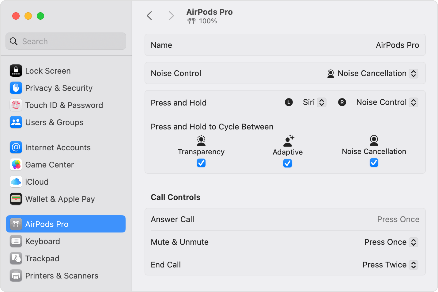 AirPods Pro settings in System Settings on Mac.