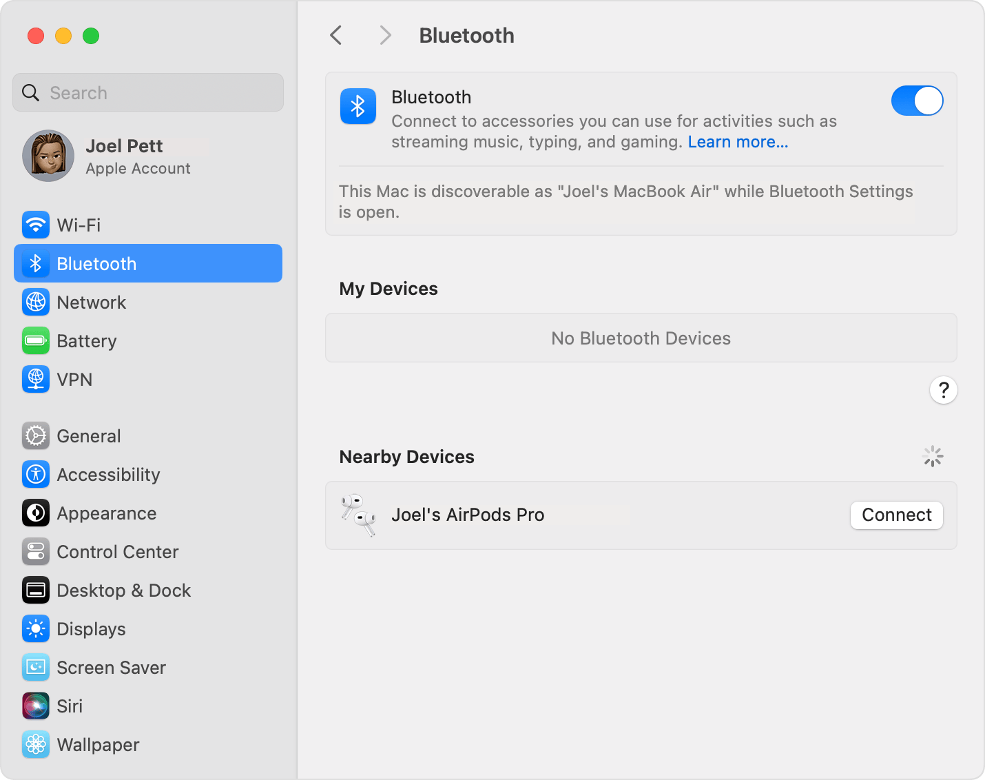 Bluetooth settings in System Settings in macOS showing AirPods Pro ready to connect