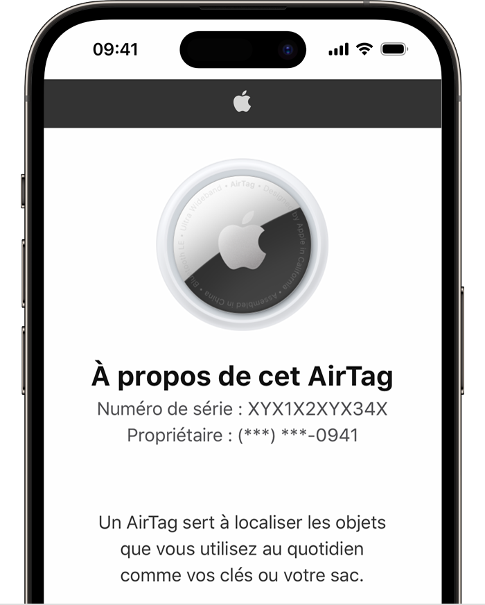Numéro de série d’un AirTag dans Safari sur l’iPhone 14 Pro sous iOS 16