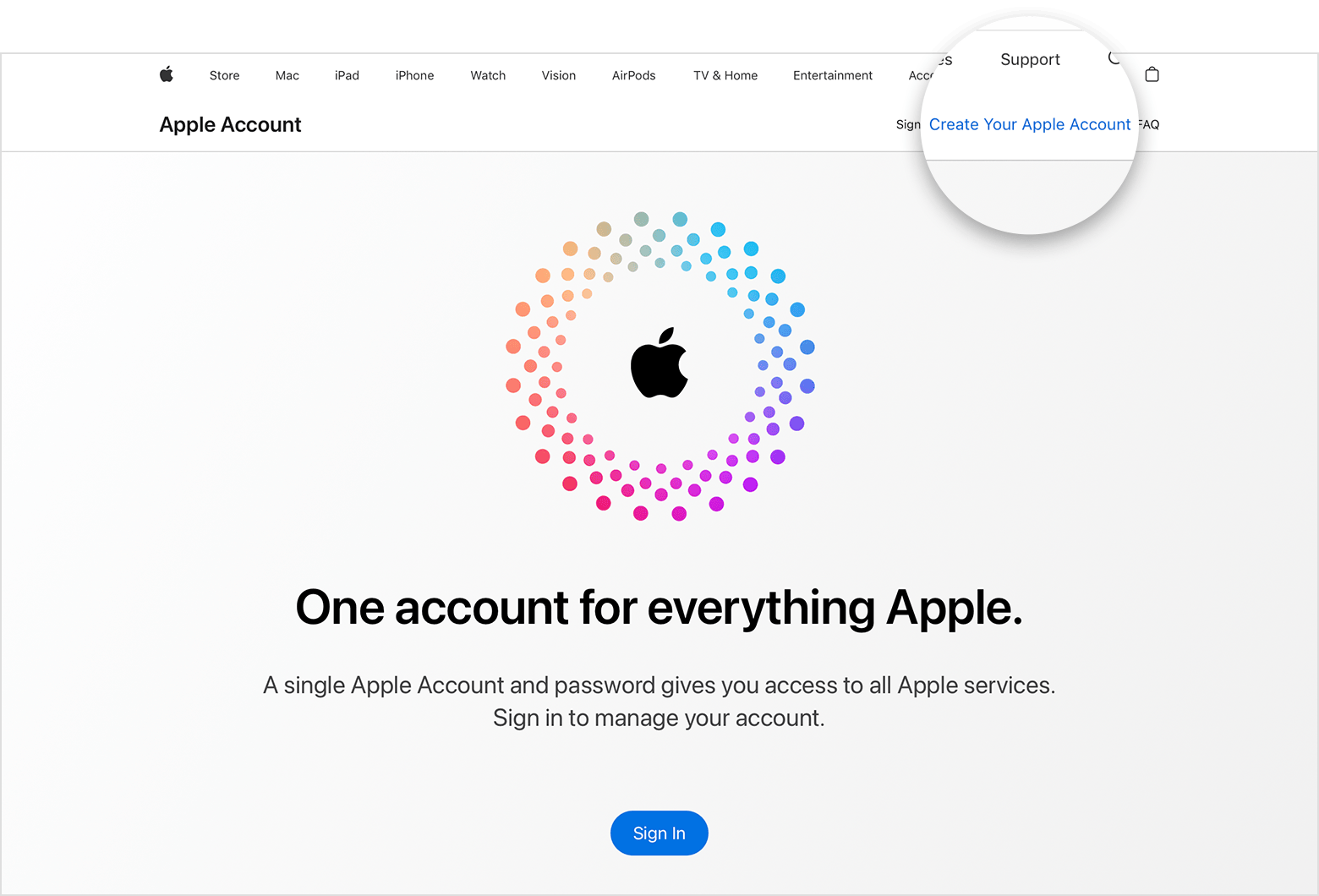 Schermata di internet che mostra il link alla pagina Crea il tuo Apple Account