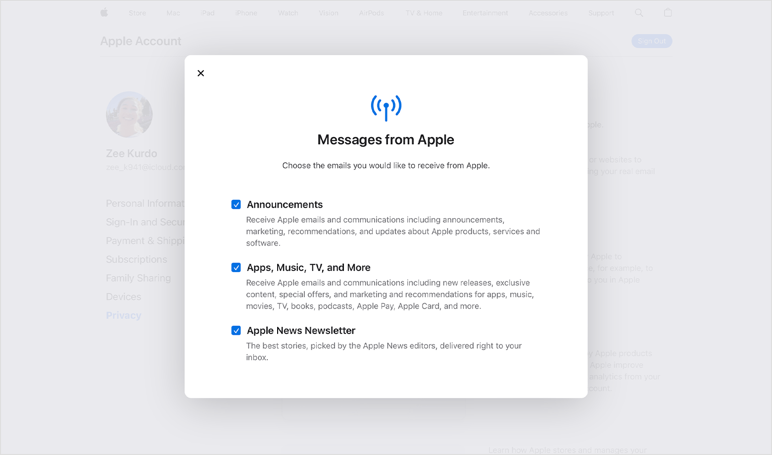 The Apple Account website showing what kinds of emails you can subscribe to